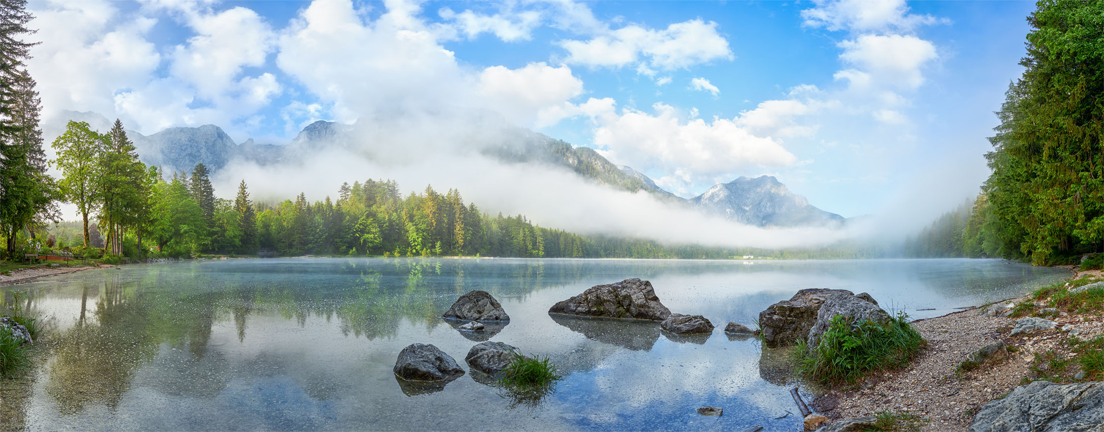 Bergsee Langbathsee Salzkammergut Print Leinen Art Landschaftsfotografie Panorama high resolution Tourismus Nebel Natur Landschaft