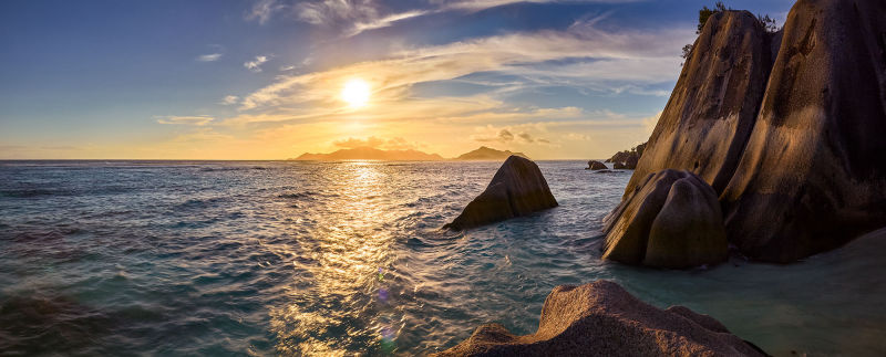 la digue, seychellen, insel, natur, urlaub, reise, panorama, felsen, granit, meer, indischer ozean, sonne, himmel, blau, wasser, landschaft, art-print, alu-verbund, panorama, leinen, digitaldruck, dibond, 